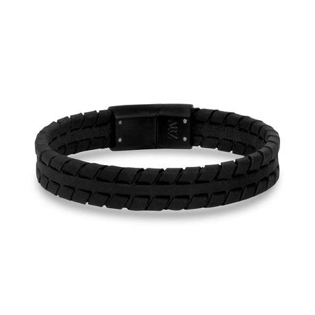 Pulseras de cuero para hombre - 12mm Engravable Tire Track Black Leather Bracelet